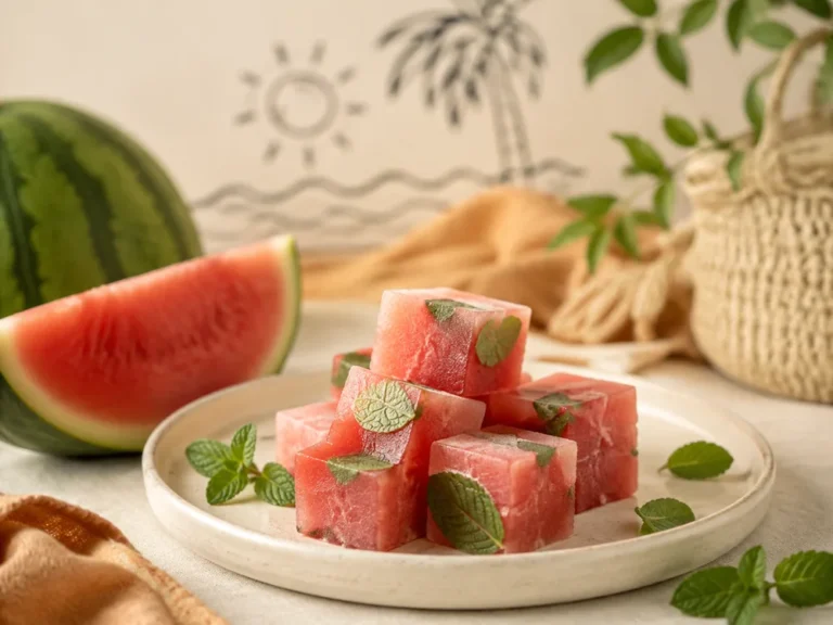 Wassermelonen-Minze-Eiswürfel auf einem Teller