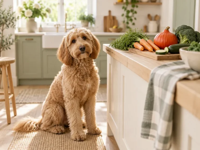 Apricotfarbener Goldendoodle sitzt neben einer Küchenarbeitsplatte mit Karotten, Kürbis, Zucchini und Brokkoli