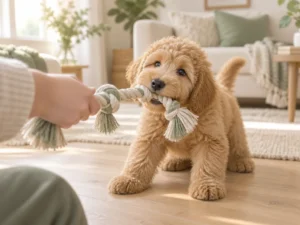 Apricotfarbener Goldendoodle-Welpe kaut auf einem Zerrseil, eine Hand hält das andere Ende