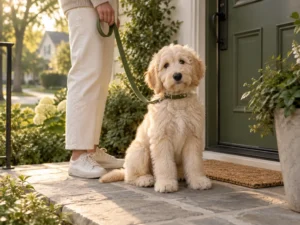 Cremefarbener Goldendoodle-Welpe sitzt an der Leine vor einer Haustür im weichen Morgenlicht