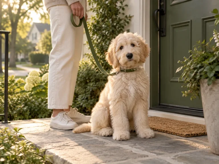 Cremefarbener Goldendoodle-Welpe sitzt an der Leine vor einer Haustür im weichen Morgenlicht