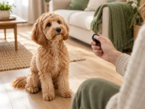 Eine Hand hält einen kleinen Clicker, davor sitzt ein aufmerksamer apricotfarbener Mini-Goldendoodle