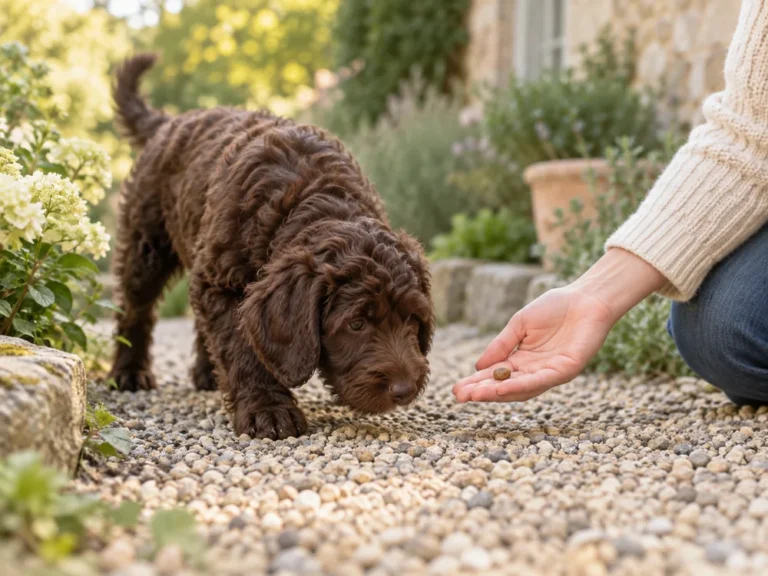 Labradoodle-Welpe schnüffelt an einem Kiesweg, eine Hand bietet ihm ein Leckerli zum Tausch an
